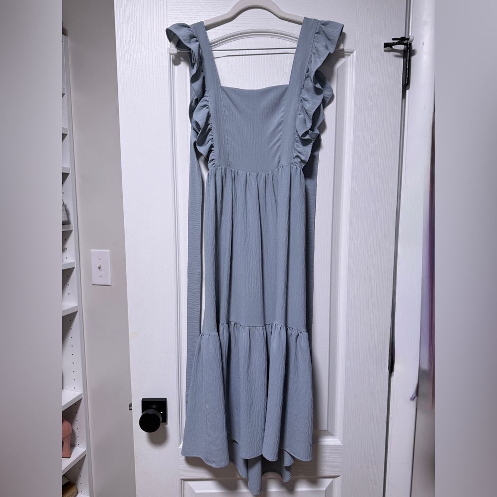 Ruffled Strap Maxi Dress in Dusty Blue